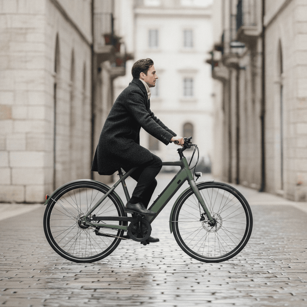 A rider on a Kade Arc on a stone street