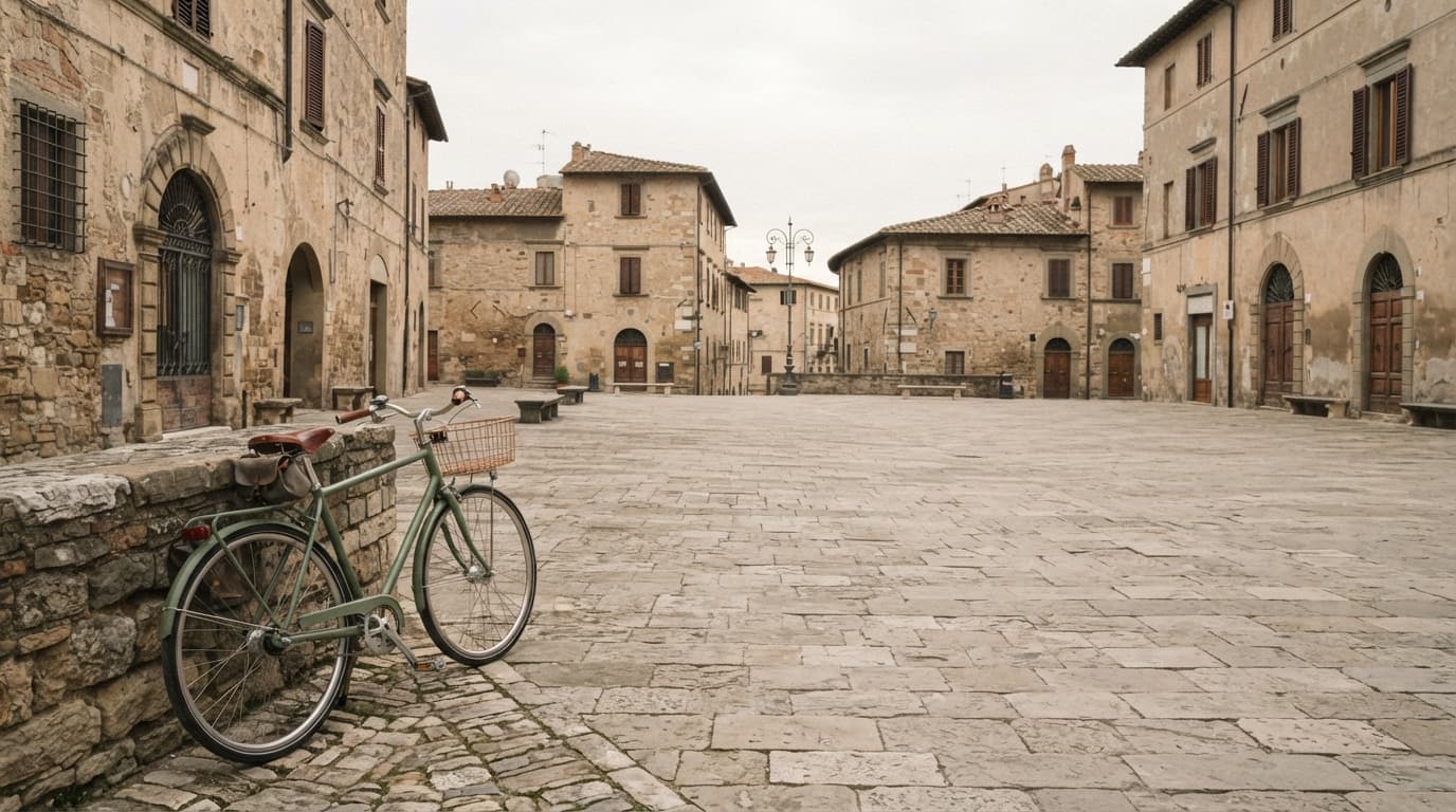 A bike parked on an empty town square