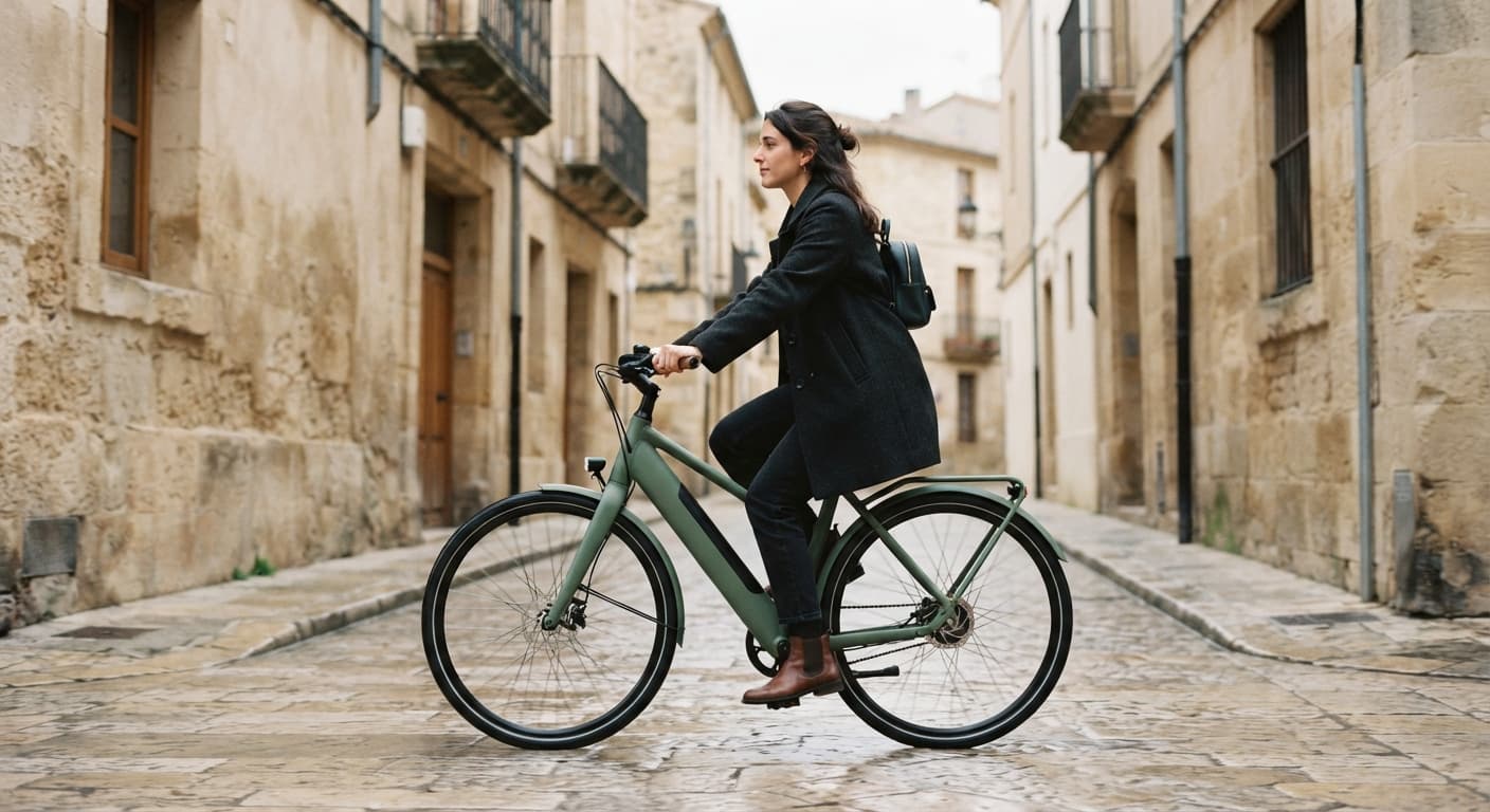 A rider on a Kade Arc Low in an old town