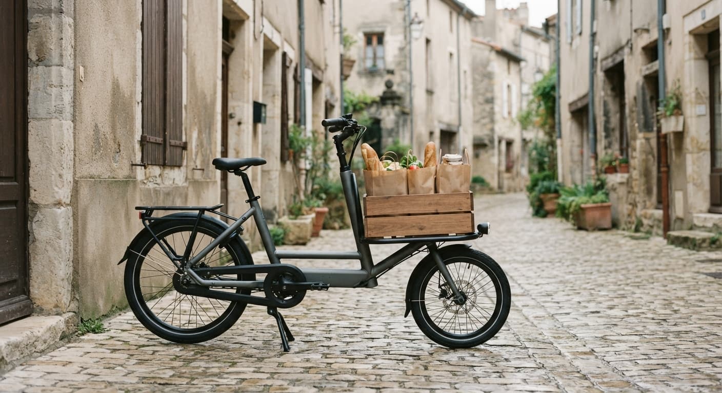 A Kade Haul with a crate of bread parked on a cobbled lane